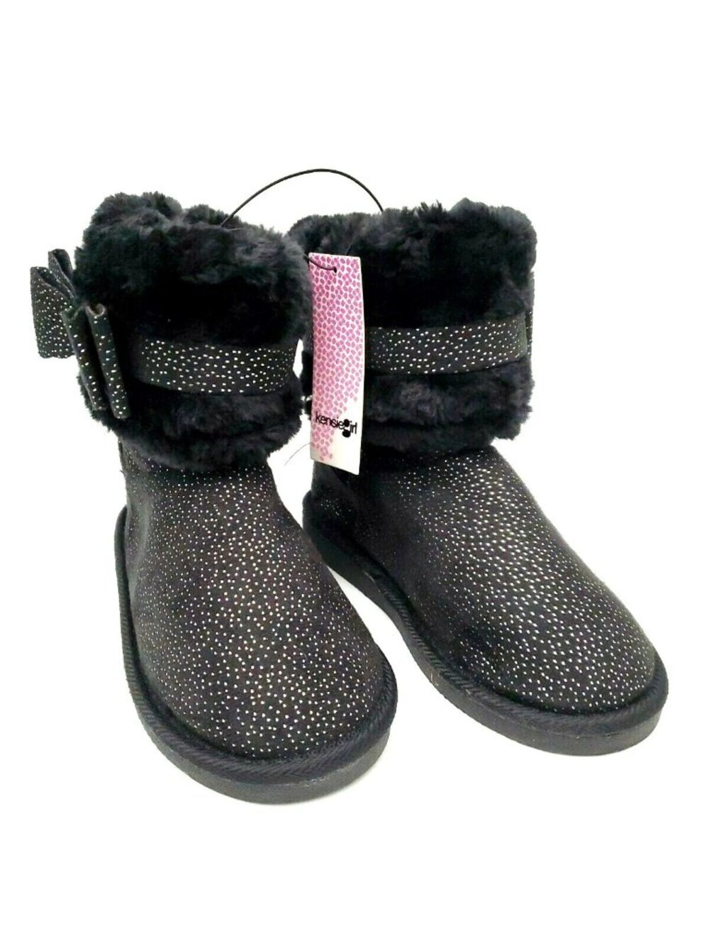 Kensie Girl Faux Fur Cuffed Winter Ankle Boot w/Bow Black Shimmer Girl's Youth 4
